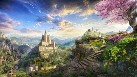 Artistic Castle Fantasy Flower Landscape Tree Wallpaper Resolution