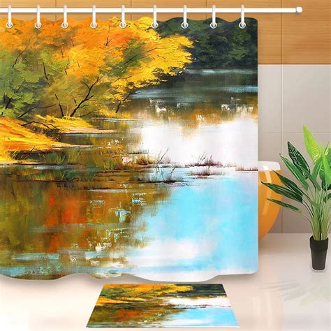 Lb Autumn Lakeside Dead Leaf Nature Watercolor Scenic Shower Curtain