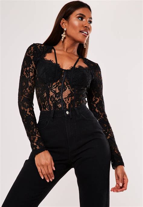 Black Lace Panelled Long Sleeve Bodysuit Missguided Australia