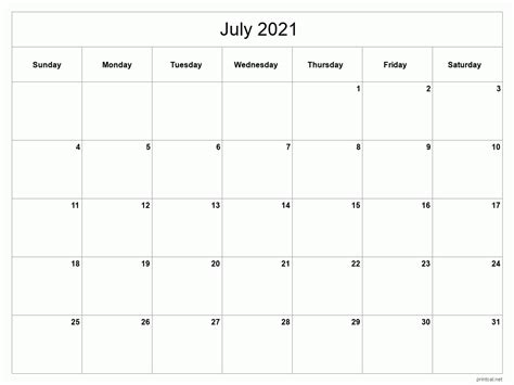 Printable July 2021 Calendar Classic Blank Sheet