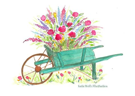A Watercolor Painting Of A Wheelbarrow Filled With Flowers