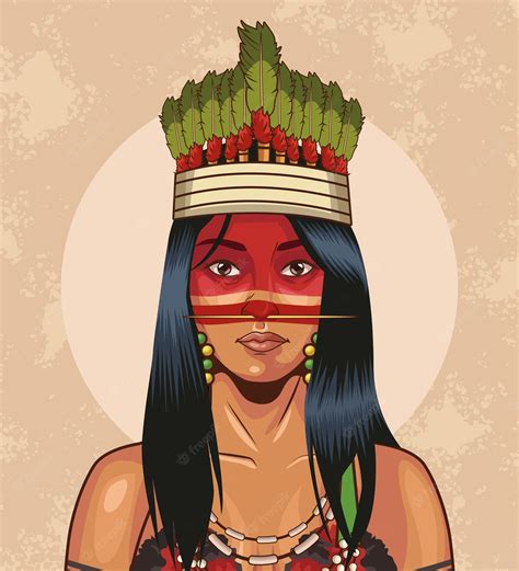 Mujer Indígena Con Corona Tradicional Vector Premium