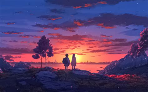 1440x900 Anime Girl Boy Sunset At Lake 5k Wallpaper1440x900 Resolution