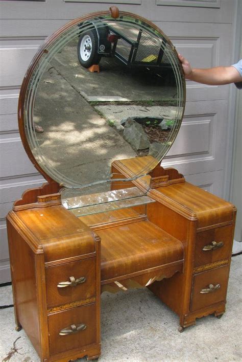 Perfectly topped with antiqued perfume bottles. Vintage Dressing Table with Round Glass Mirror by ...