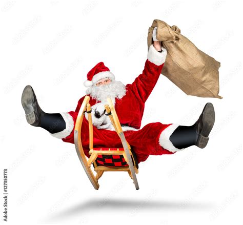 Santa Claus Jumping On A Sleigh Crazy Fast Funny With His Bag On