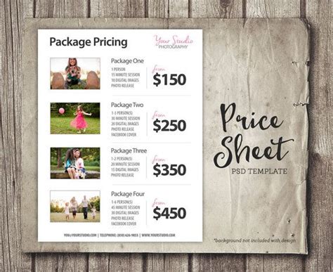 Photography Package Pricing Photographer Price List Sell Sheet With