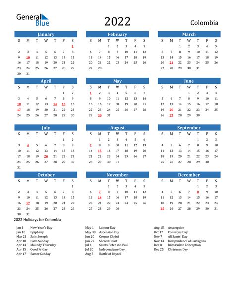 Calendario De Festivos Colombia 2022