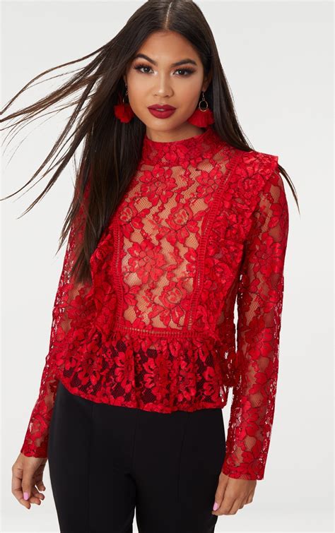 Red Frill Front Lace Blouse Prettylittlething