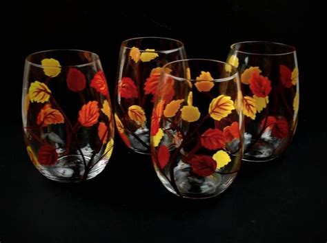4 Fall Leaf Stemless Hand Painted Wine Glasses Autumn Leaves Etsy Diy Wine Glasses Painted