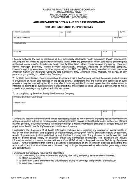 Amfam Form Icc16 Hipaa 2016 Fill And Sign Printable Template Online