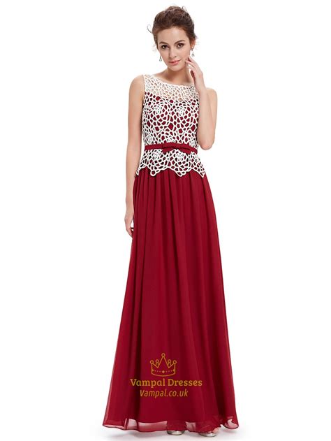 Burgundy Sheer Illusion Neckline Lace Bodice Chiffon Prom Dress