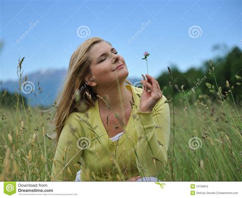 Pretty Summer Woman Outdoors On Green Field Stock Image Image Of