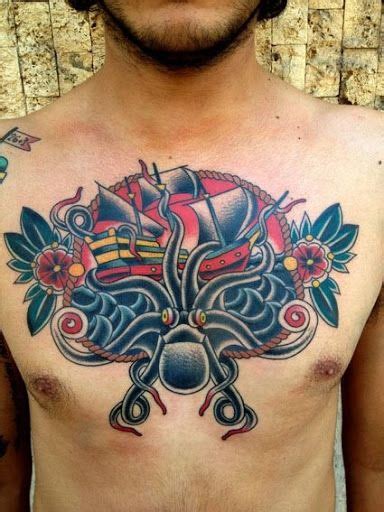 Old School Style Tattoo On Mans Chest Octopus Ship And