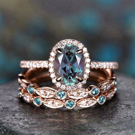 3pcs Halo Diamond Ring Oval Cut Alexandrite Engagement Ring Rose Gold