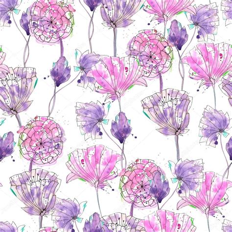 Sewing baskets & pin cushions. Pattern with watercolor purple flowers — Stock Photo ...