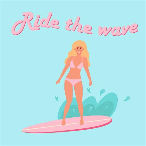 mujer en traje de baño en el tabla de surf paseo el ola letras Hora de verano activo deporte