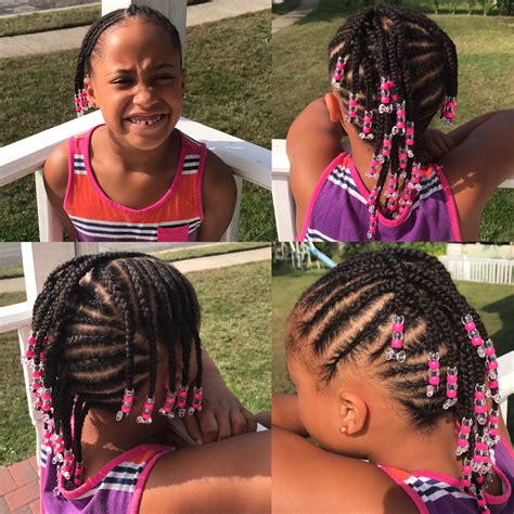 Cornrow Mohawk Pink And Clear Beads With Bows Little Girl Braid