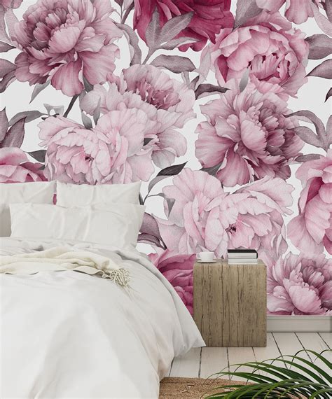 Pink Peony Mural Removable Wallpaper Peel And Stick Mural Image 1