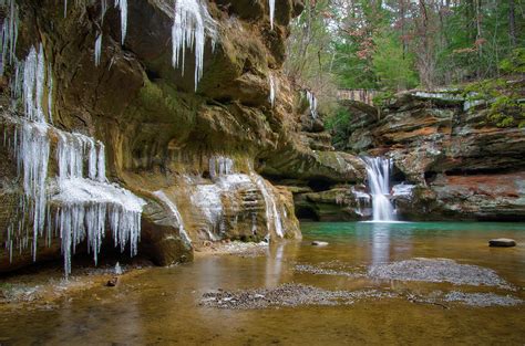 Ohio Waterfall Upper Falls And Icicles At Old Mans Cave Hocking Hills State Park Photograph