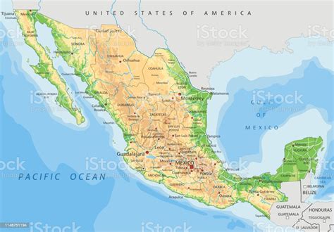 Peta Fisik Meksiko Yang Sangat Rinci Dengan Pelabelan Ilustrasi Stok