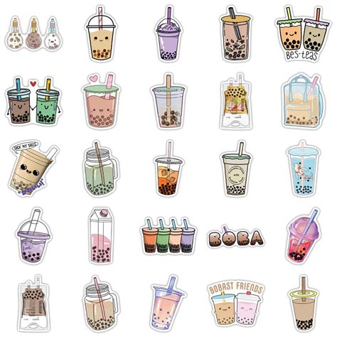 Boba Tea Stickers 50 Pcs Decals Kawaii Cute Fun Drinks Etsy