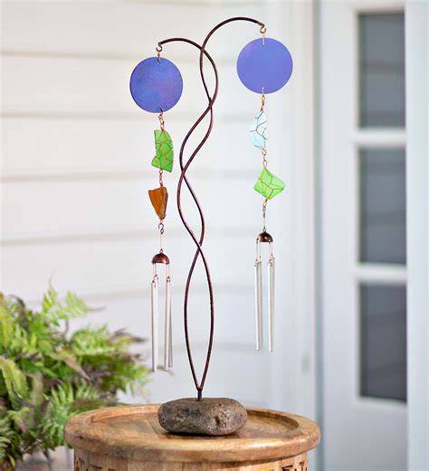 Metal And Colorful Recycled Glass Double Wind Chime With River Rock