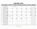 Free Download Printable Calendar 2019, large box grid, space for notes