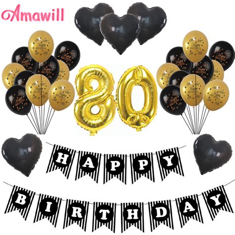 Amawill 80th Birthday Decoration Kit Black Happy Birthday Banner Heart