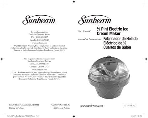 Sunbeam Ice Cream Maker Manual