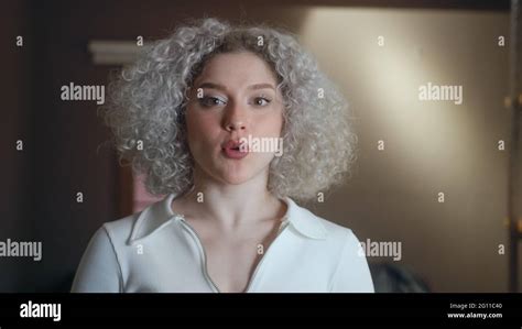 Portrait Of Cute Curly White Hair Woman Stock Photo Alamy