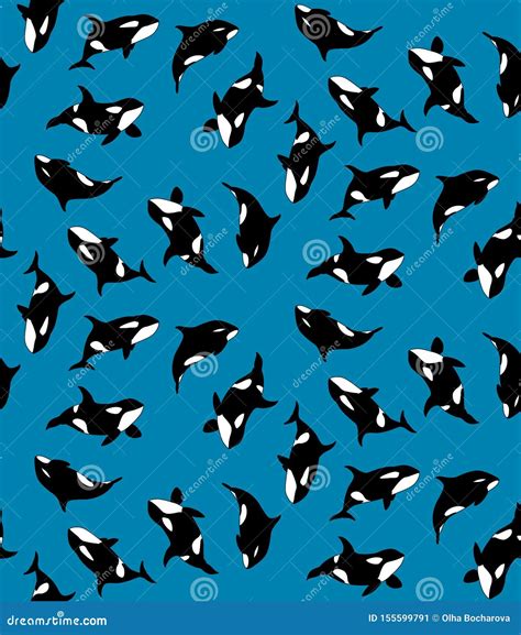 Vector Seamless Pattern Of Hand Drawn Killer Whale Swimming On Blue