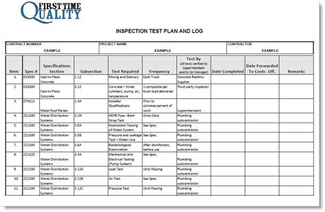 Inspection Test Plan Form Completed Example