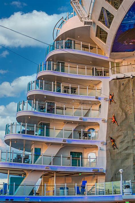 Tiered Balconies On A Cruise Ship By Rock Climbing Wall Editorial Photo