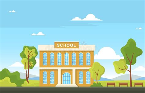 School Education Building Street Outdoor Landscape Cartoon Illustration