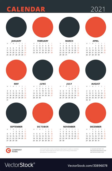 Calendar Poster For 2021 Year A3 Size Template Vector Image