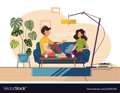 Couple Of Guy And Girl Sitting On Couch At Home Vector Image