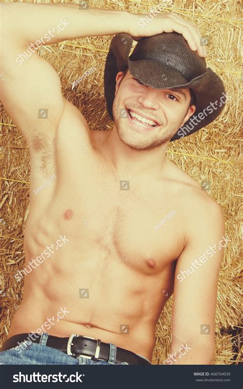 Smiling Sexy Shirtless Cowboy Hay Stock Photo Shutterstock