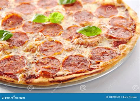 Traditional Italian Pepperoni Pizza Isolated Fast Food Closeup Stock