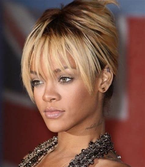 Rihanna With Blonde Updo With Long Bangs