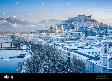 Historic City Of Salzburg With Salzach River In Winter Salzburger Land