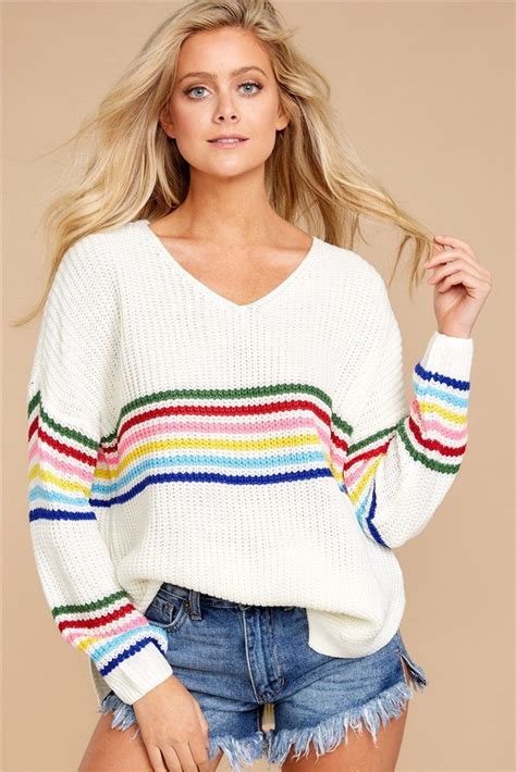Womens Rainbow Striped Pullover Knitted Sweater With V Neckline