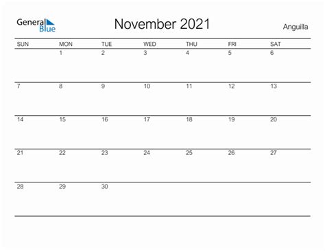Printable November 2021 Monthly Calendar With Holidays For Anguilla