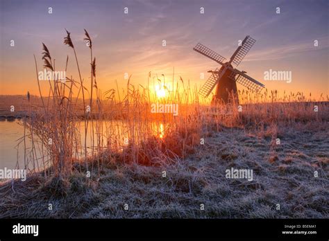 Cold Hoar Frosted Sunrise At Herringfleet Windmill On The Norfolk