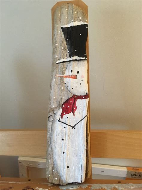 Hand Painted Snowman On Driftwood Winter Christmas Scene Etsy