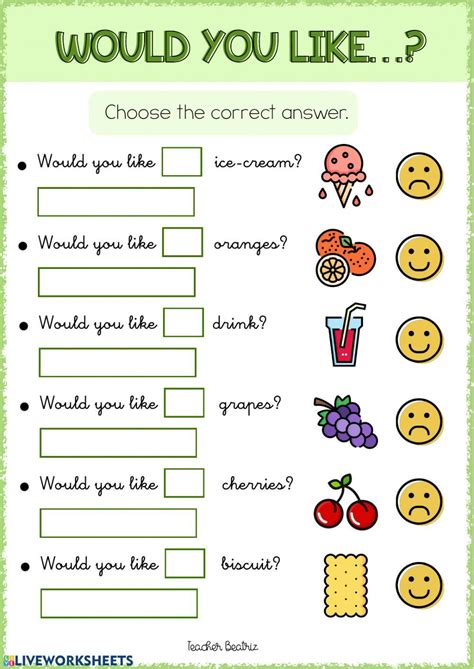 Would You Like Interactive Worksheet Learning English For Kids