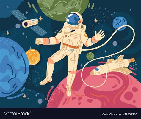 Astronaut In Outer Space Color Planets Background Vector Image