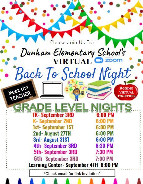 Back To School Nights Flyer Schedule Dunham Elementary School