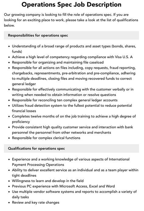 Operations Spec Job Description Velvet Jobs