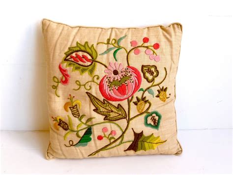 Vintage Jacobean Embroidery Crewel Pillow On Irish Linen