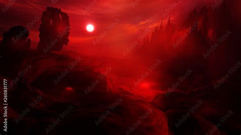 Concept Art Of Hell With Fire Clouds In Sunset Sky And Scary Landscape